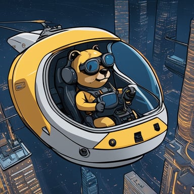 Go Blue Gopher in a 1-seater spacecraft, with an open cockpit reminiscent of a cyberpunk cityscape.
