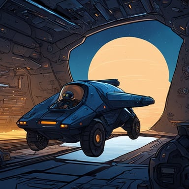 Go Blue Gopher in a 1-seater spacecraft, with an open cockpit reminiscent of a cyberpunk cityscape.