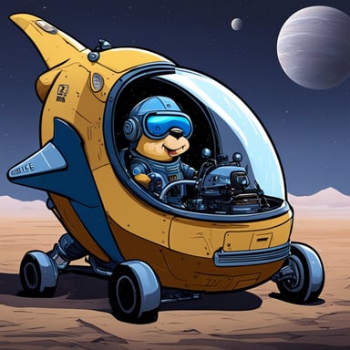 Go Blue Gopher in a 1-seater spacecraft, with an open cockpit
