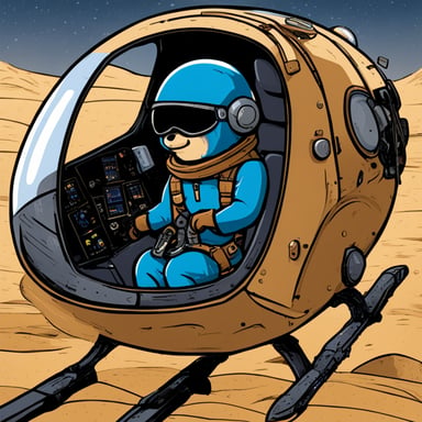 Go Blue Gopher in a 1-seater spacecraft, with an open cockpit