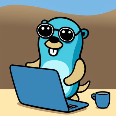 Go Blue Gopher working at a command prompt terminal, with a transparent background.