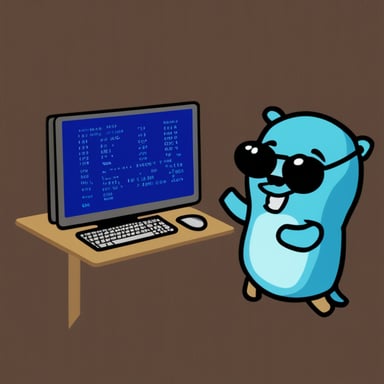 Go Blue Gopher working at a command prompt terminal, with a transparent background.