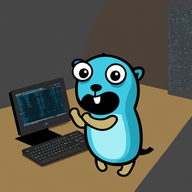 Go Blue Gopher working at a command prompt terminal, with a transparent background.