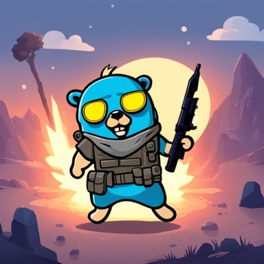 Go Blue Gopher as a cool soldier with a weapon.