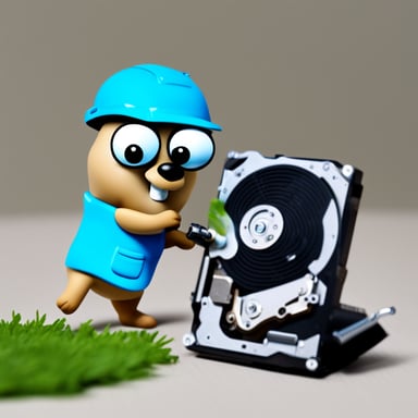 Go Blue Gopher cleaning a hard drive.