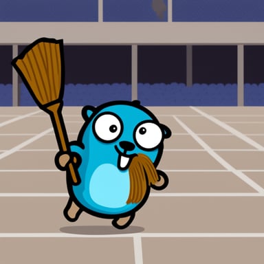Go blue gopher looking at the viewer holding a broom.
