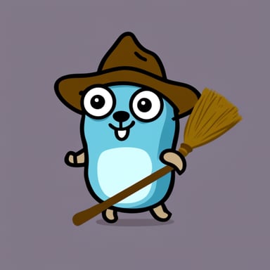 Go blue gopher looking at the viewer holding a broom.