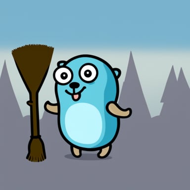 Go blue gopher looking at the viewer holding a broom.