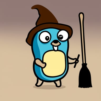 Go blue gopher looking at the viewer holding a broom.