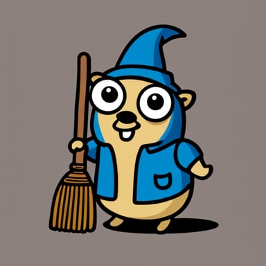 Go Blue Gopher, serious look, holding broom with two hands.