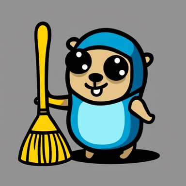 Go Blue Gopher, serious look, holding broom with two hands.