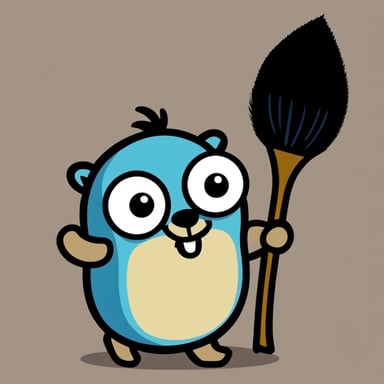 Go Blue Gopher, serious look, holding broom with two hands.