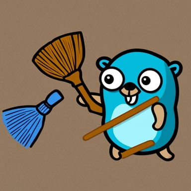 Go Blue Gopher, serious look, holding broom with two hands.