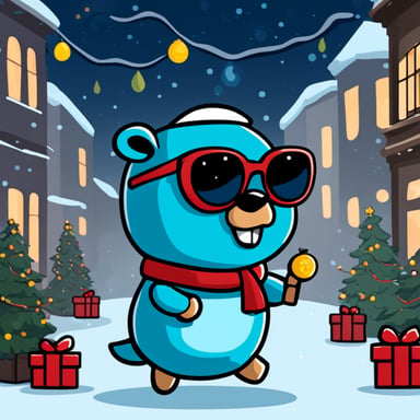 Generate a go blue gopher as an agent going to a festive event in a 2D style.