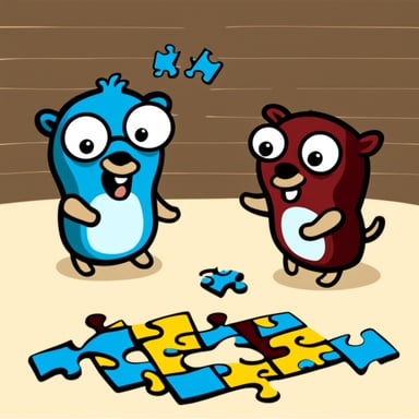 Go blue gopher putting two pieces of puzzle together.