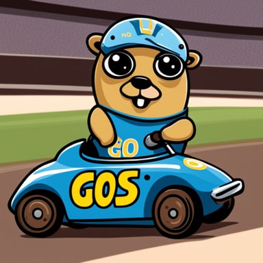 Happy Go Blue Gopher in a race car.