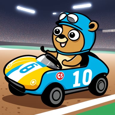Happy Go Blue Gopher in a race car.