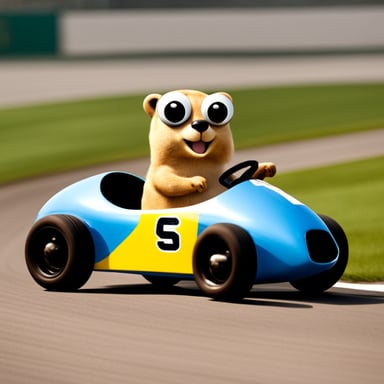 Happy Go Blue Gopher in a race car.