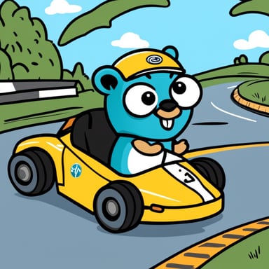 Happy Go Blue Gopher in a race car.