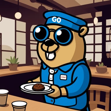 Go blue gopher as a waiter in a restaurant giving out orders.
