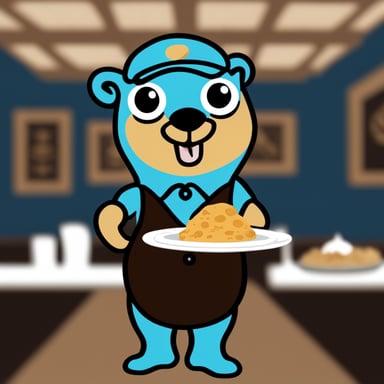 Go blue gopher as a waiter in a restaurant giving out orders.