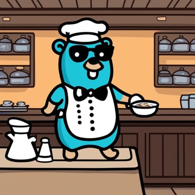 Go Blue Gopher as a waiter in a restaurant giving out orders.
