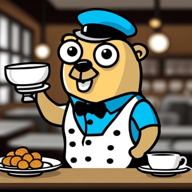 Go Blue Gopher as a waiter in a restaurant giving out orders.