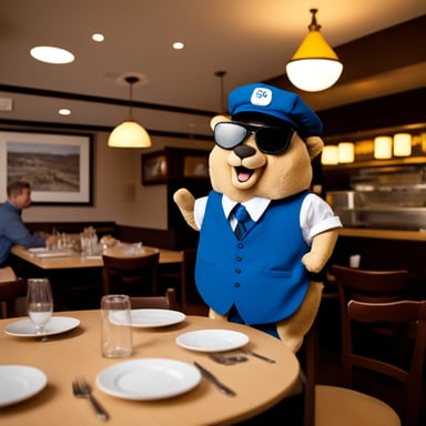 Go Blue Gopher as a waiter in a restaurant giving out orders.