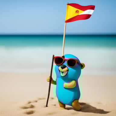 Go Blue Gopher at the beach in Aruba, dressed in a Hawaii shirt and sunglasses, holding the flag of Aruba.
