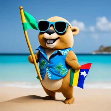 Go Blue Gopher at the beach in Aruba, dressed in a Hawaii shirt and sunglasses, holding the flag of Aruba.