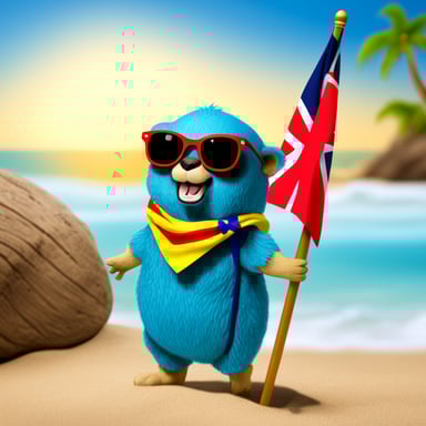 Go Blue Gopher at the beach in Aruba, dressed in a Hawaii shirt and sunglasses, holding the flag of Aruba.