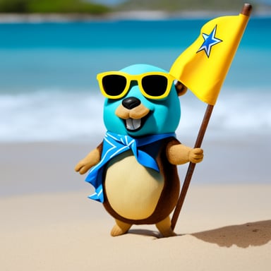 Go Blue Gopher at the beach in Aruba, dressed in a Hawaii shirt and sunglasses, holding the flag of Aruba.