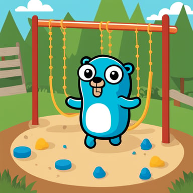 Create an image of a cute Go Blue Gopher character, designed by Renee French, playing in a colorful playground. The playground should include elements like swings, slides, and sandbox, with Go Blue Gopher interacting with these elements in a fun and quirky manner. Go Blue Gopher should be wearing a playful expression, and the overall theme should match the Go Template Playground project, emphasizing creativity and coding. The background should be bright and cheerful, with a mix of green grass and blue sky. Include subtle references to coding or templates, such as a sandbox labeled 'Template Sandbox' or a slide with code snippets.