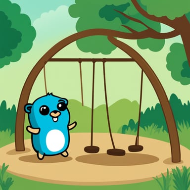 Create an image of a cute Go Blue Gopher character, designed by Renee French, playing in a colorful playground. The playground should include elements like swings, slides, and sandbox, with Go Blue Gopher interacting with these elements in a fun and quirky manner. Go Blue Gopher should be wearing a playful expression, and the overall theme should match the Go Template Playground project, emphasizing creativity and coding. The background should be bright and cheerful, with a mix of green grass and blue sky. Include subtle references to coding or templates, such as a sandbox labeled 'Template Sandbox' or a slide with code snippets.