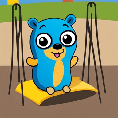 Create an image of a cute Go Blue Gopher character, designed by Renee French, playing in a colorful playground. The playground should include elements like swings, slides, and sandbox, with Go Blue Gopher interacting with these elements in a fun and quirky manner. Go Blue Gopher should be wearing a playful expression, and the overall theme should match the Go Template Playground project, emphasizing creativity and coding. The background should be bright and cheerful, with a mix of green grass and blue sky. Include subtle references to coding or templates, such as a sandbox labeled 'Template Sandbox' or a slide with code snippets.