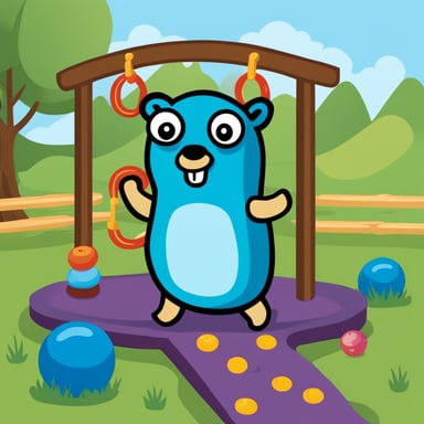 Create an image of Go Blue Gopher, designed by Renee French, playing in a colorful playground. The playground should include elements like swings, slides, and a sandbox, with Go Blue Gopher interacting with these elements in a fun and quirky manner. Go Blue Gopher should be wearing a playful expression, and the overall theme should match the Go Template Playground project, emphasizing creativity and coding. The background should be bright and cheerful, with a mix of green grass and blue sky. Include subtle references to coding or templates, such as a sandbox labeled 'Template Sandbox' or a slide with code snippets.