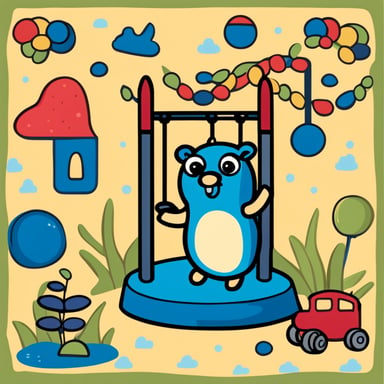 Create an image of Go Blue Gopher, designed by Renee French, playing in a colorful playground. The playground should include elements like swings, slides, and a sandbox, with Go Blue Gopher interacting with these elements in a fun and quirky manner. Go Blue Gopher should be wearing a playful expression, and the overall theme should match the Go Template Playground project, emphasizing creativity and coding. The background should be bright and cheerful, with a mix of green grass and blue sky. Include subtle references to coding or templates, such as a sandbox labeled 'Template Sandbox' or a slide with code snippets.