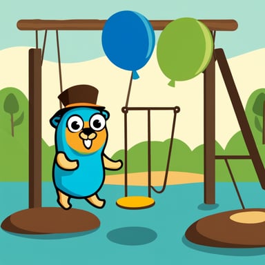 Create an image of Go Blue Gopher, designed by Renee French, playing in a colorful playground. The playground should include elements like swings, slides, and a sandbox, with Go Blue Gopher interacting with these elements in a fun and quirky manner. Go Blue Gopher should be wearing a playful expression, and the overall theme should match the Go Template Playground project, emphasizing creativity and coding. The background should be bright and cheerful, with a mix of green grass and blue sky. Include subtle references to coding or templates, such as a sandbox labeled 'Template Sandbox' or a slide with code snippets.
