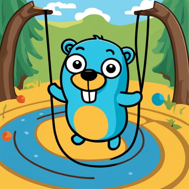 Create an image of Go Blue Gopher, designed by Renee French, playing in a colorful playground. The playground should include elements like swings, slides, and a sandbox, with Go Blue Gopher interacting with these elements in a fun and quirky manner. Go Blue Gopher should be wearing a playful expression, and the overall theme should match the Go Template Playground project, emphasizing creativity and coding. The background should be bright and cheerful, with a mix of green grass and blue sky. Include subtle references to coding or templates, such as a sandbox labeled 'Template Sandbox' or a slide with code snippets.