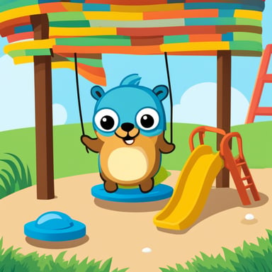 A cute Go Blue Gopher, designed by Renee French, is playing in a colorful playground with swings, slides, and a sandbox. Go Blue Gopher has a playful expression, and the background is bright with green grass and blue sky. The playground includes subtle coding references, like a sandbox labeled 'Template Sandbox' and a slide with code snippets, making Go Blue Gopher's adventure an engaging mix of play and programming.