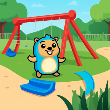 A cute Go Blue Gopher, designed by Renee French, is playing in a colorful playground with swings, slides, and a sandbox. Go Blue Gopher has a playful expression, and the background is bright with green grass and blue sky. The playground includes subtle coding references, like a sandbox labeled 'Template Sandbox' and a slide with code snippets, making Go Blue Gopher's adventure an engaging mix of play and programming.