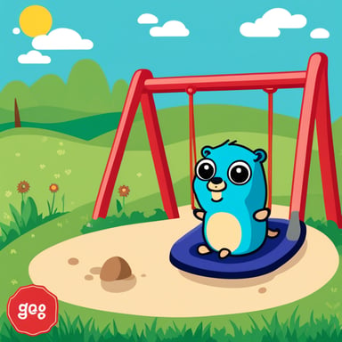 A cute Go Blue Gopher, designed by Renee French, is playing in a colorful playground with swings, slides, and a sandbox. Go Blue Gopher has a playful expression, and the background is bright with green grass and blue sky. The playground includes subtle coding references, like a sandbox labeled 'Template Sandbox' and a slide with code snippets, making Go Blue Gopher's adventure an engaging mix of play and programming.
