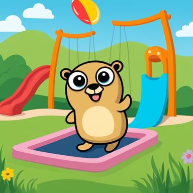 A cute Go Blue Gopher, designed by Renee French, is playing in a colorful playground with swings, slides, and a sandbox. Go Blue Gopher has a playful expression, and the background is bright with green grass and blue sky. The playground includes subtle coding references, like a sandbox labeled 'Template Sandbox' and a slide with code snippets, making Go Blue Gopher's adventure an engaging mix of play and programming.