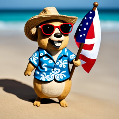 Go blue gopher on the beach in a Hawaiian shirt holding a small flag of country Aruba.