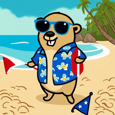Go blue gopher on the beach in a Hawaiian shirt holding a small flag of country Aruba.