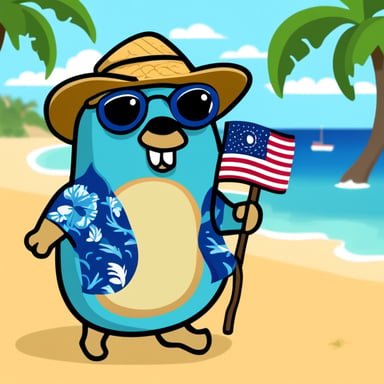 Go blue gopher on the beach in a Hawaiian shirt holding a small flag of country Aruba.