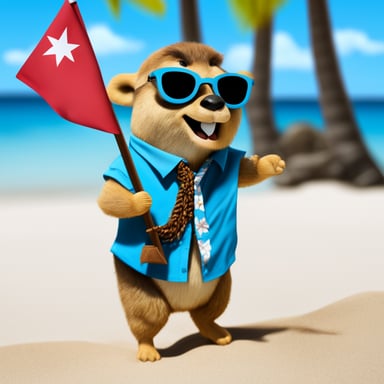 Go blue gopher on the beach in a Hawaiian shirt holding a small flag of country Aruba.