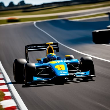 Go Blue Gopher in a Formula 1 car driving on the circuit of Zandvoort on a sunny day, seen from above.