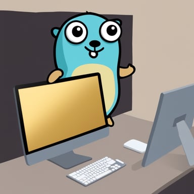 Go Blue Gopher behind computer with a perplexed face.