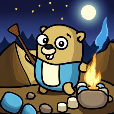 Go Blue Gopher in New Zealand by campfire roasting marshmallows.